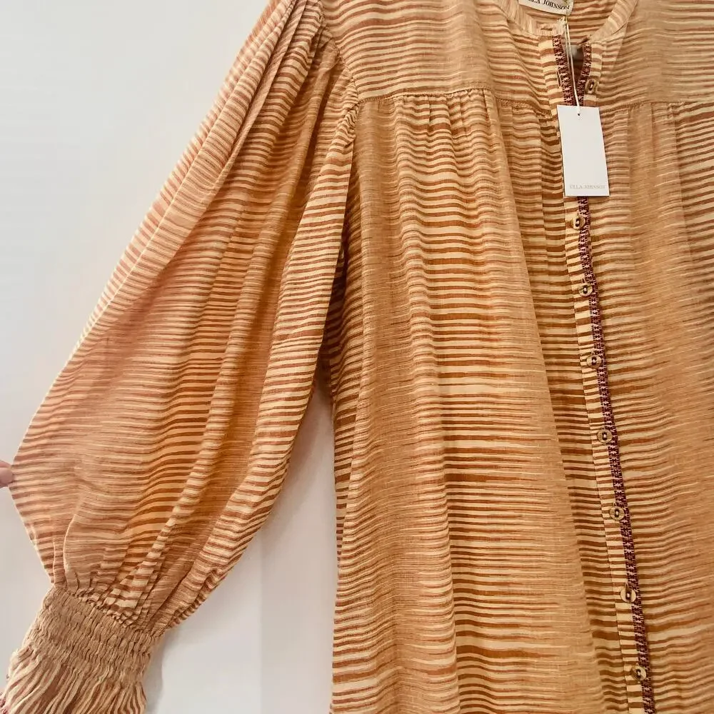NEW Ulla Johnson Fiora Striped Shirt Dress Medium Sz 8 Beige Tan Brown Feminine
